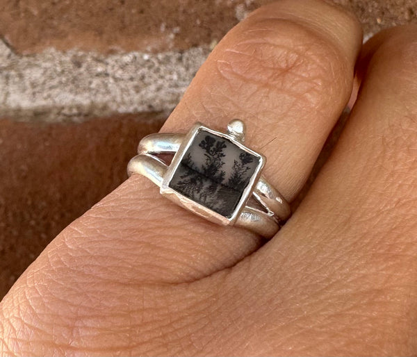 Dendritic Agate Square Ring, Size 6