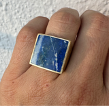 Square Signet Ring - Brass and Lapis - Size 6.5