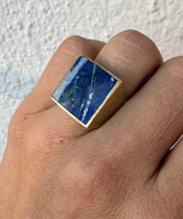 Square Signet Ring - Brass and Lapis - Size 6.5